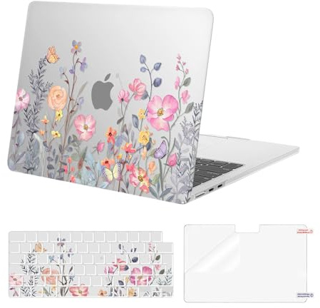 MOSISO Hülle Kompatibel mit MacBook Air 13 Zoll 2026-2022 M5 M4 M3 M2 A3449 A3240 A3113 A2681, Plastik Blume Hartschale Case & Tastaturabdeckung & Bildschirmschutz, Frühlingsblumen Zeichnung
