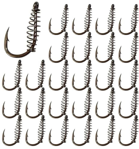 woojfcang 30 Pcs Twist Lock Fishing Hooks Carbon Steel Spring Fishing Hooks Barbed Swivel Fishing Hooks for Saltwater, Freshwater Eyed Sea Fish Hooks Carp Fishing Tackle Carp Circle Hooks,Accessories