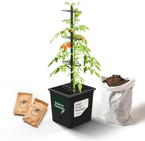 VERDOBA Tomatentopf Anzuchtset - Tomaten Topf inkl. 20L torffreier Kokoserde & Bio Buschtomaten Samen - Tomaten Kübel mit 3,5L Wasserspeicher aus recycelten Material - in Deutschland produziert