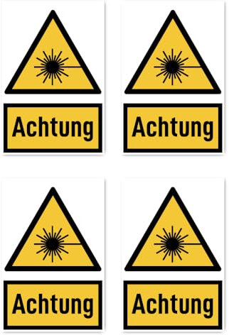 Aufkleber: 150x100 mm, 4 Stück - Signalwort Achtung vor Laserstrahl - Warnzeichen mit Text (deutsch) (gelb/schwarz) - hochkant - W004 - DIN EN ISO 7010 / ASR A1.3