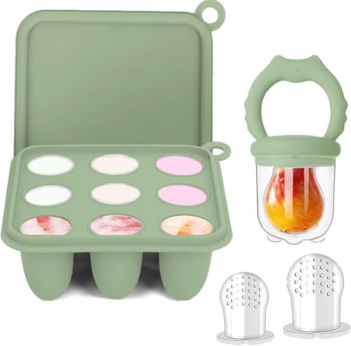 Alimentador de frutas para bebés y moldes para paletas de leche materna, bandeja de silicona para congelar alimentos para enfriar la dentición, alimentador de alimentos para bebés para una (Green)