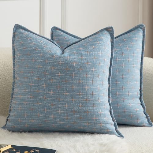 Mandioo 2er Set Kissenbezug Hanftuch Weben Textur Modern Bauernhaus Kissenbezüge Kissenhülle Dekorieren Zierkissenbezug Sie Wohnzimmer Sofa Schlafzimmer Bett 50x50cm Blau