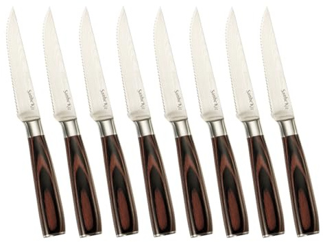 SanheKit Ensemble de Couteaux à Steak, 8 Pièces, Acier Inoxydable Allemand, Manche en Bois, Lame Dentelée