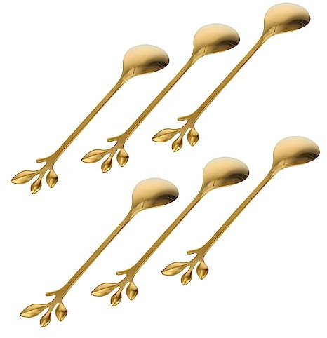 CIYODO 6pcs Leaf Shape Spoons Gold Stainless Steel Spoons Iced Tea Cocktail Stirring Elegant Tableware