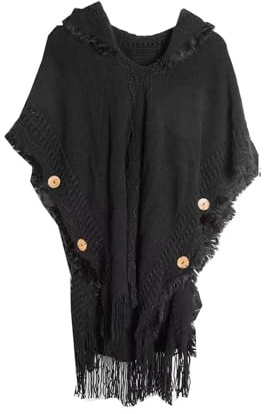 LIUYUYOUGO Coprispalle Donna Elegante,Poncho Con Cappuccio Da Donna Scialli Avvolgenti Con Bottoni Poncho Con Frange All'Uncinetto Cappotto Boho Hippie Mantello Lavorato A Maglia Pullover Autunno In