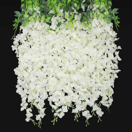 JINXIAN 12 Stück Weiß Künstliche Glyzinien Blumen Blumengirlande 42.5 in Kunstblumen Hängend Blumen Deko Wand für Hochzei Garten Party Heimrestaurants Herbst Dekoration