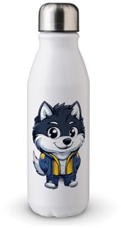 MAXIKIWI - Single Wall Water Drinking Bottle with Screw Cap, Non Insulated Lightweight Aluminium, BPA Free, Leak-Proof - Cool Wolf Mascot - 500ml