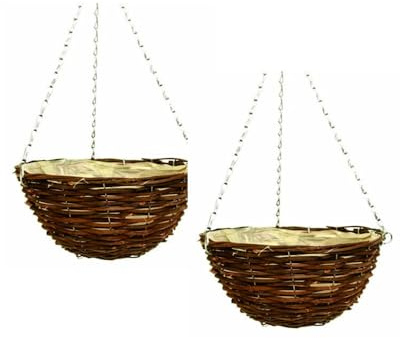 Wicker Basket Planter – Natural Rattan & Willow Flower Pot with Polythene Liner & Metal Hanging Chain – Decorative Indoor & Outdoor Garden Planter for Flowers (Hanging Basket 36cm, 14Inch x 2Pack)
