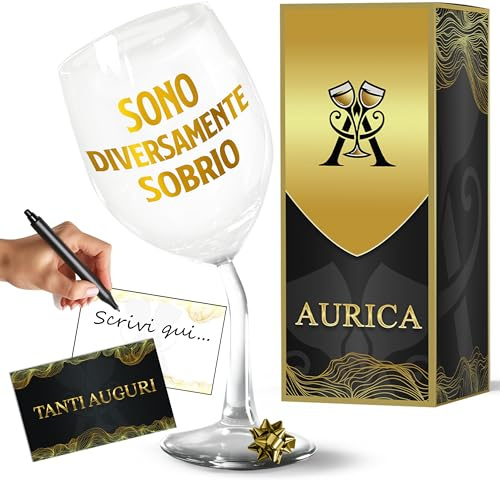Aurìca Calice Vino Personalizzato SONO DIVERSAMENTE SOBRIO - Bicchiere Piegato in Cristallino da 440 ml per Un Tocco di Allegria e Autoironia! Un Regalo Simpatico e Originale per Lui e per Lei.