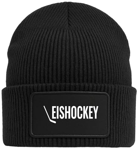 Huuraa Beanie Eishockey Hockey Geschenk | Black Geschenkidee Schwarze Rippstrick Wintermütze mit austauschbarem Klett Patch