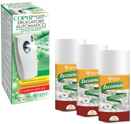 Insetticida Ecospray al Piretro pronto all'uso con Erogatore,antizanzara,mosche e insetti volanti,per alberghi,ospedali,ristoranti.Per industria alimentare.Bomboletta da 250ml X 3pezzi +1 Erogatore