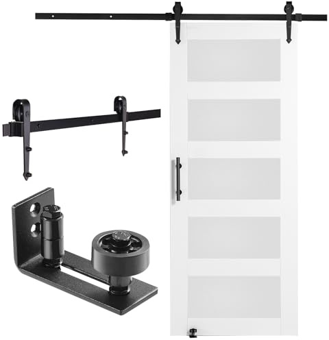 Kit de puerta corrediza de granero de 30 x 84 pulgadas, madera y vidrio esmerilado, funcionamiento suave y silencioso, incluye guía de suelo 8 en 1 y mango, perfecto para decoración del hogar, diseño