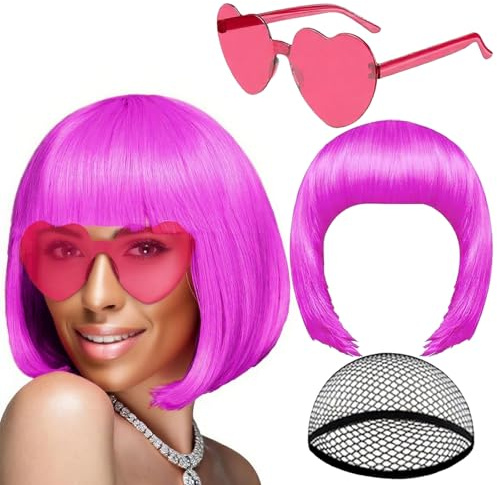 Bob Perücke Pink und Sonnenbrille Set,Perrücke Frauen mit Flach Pony,Perücke für Bachelorette Neon Party Favors,Halloween Cosplay Dekorationen
