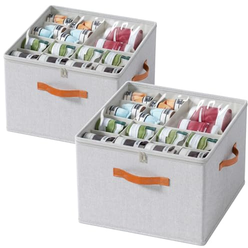 Corkovia 2er-Set Verstellbarer Schuh organizer für Schrank, großer Schuhorganizer aus hochwertigem Leinenstoff, platzsparende Schuhaufbewahrung mit klarem Deckel,stapelbare Schuhboxen, Grau