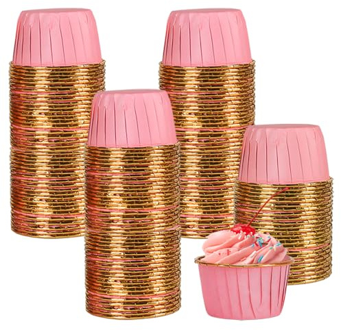 Cupcake Cases, 150 PCS Foil Metallic Cupcake, Cake Muffin Liners Greaseproof Foil Baking Cups Paper Wrappers Greaseproof Cup for Birthday Wedding Party (Pink)
