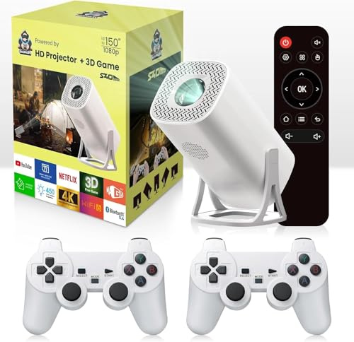 Proiettore S40 Max 4k HD 1080p Bluetooth Android 11 Proyector con 2 Controller di Gioco Wireless 3000 Giochi Integrati, White