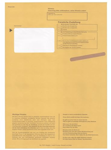 Postzustellungsumschläge C4 „ Förmliche Zustellung “ - Postzustellungshüllen C4 mit Fenster (229 x 324 mm), gelb, haftklebend, 100 g/m² Recyclingpapier – Einsteckschlitz & Inlet (Anzahl 25)