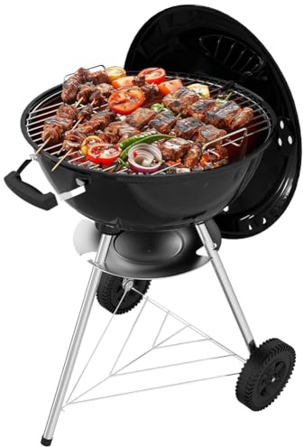 Barbecue portatile a carbonella con ruote, da tavolo, per esterni, affumicatore e cenere – perfetto per campeggio, picnic, feste in giardino, tailgating – nero