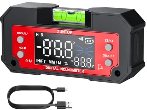 XUNTOP Digital Angle Finder Tool Dual Axis X-axis of 4×90° and Y-axis of ±60° Powerful Magnetic Base Level Box Type-C Rechargeable Digital Inclinometer with LED Display for Woodworking Table Saw