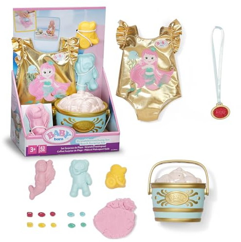 BABY born Set Surprise Plage avec Maillot Motif sirène, moules à Sable, Sable modelable, Seau et 5 Surprises pour poupées 43 cm