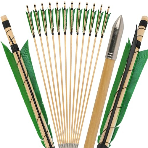 limaity 32 Flechas de Madera para Arco Recurvo y Longbow, con Pluma Natural de 5, Ideal para Caza Tradicional (12PCS,Verde)