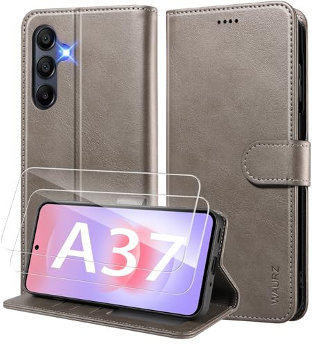 WAURZ Coque pour Samsung Galaxy A37 5G Portefeuille,Gris | Etui Cuir Pochette avec 2 Verre Trempé Porte Carte Antichoc, Housse à Rabat Clapet Magnétique Étui Protection RFID Flip Case