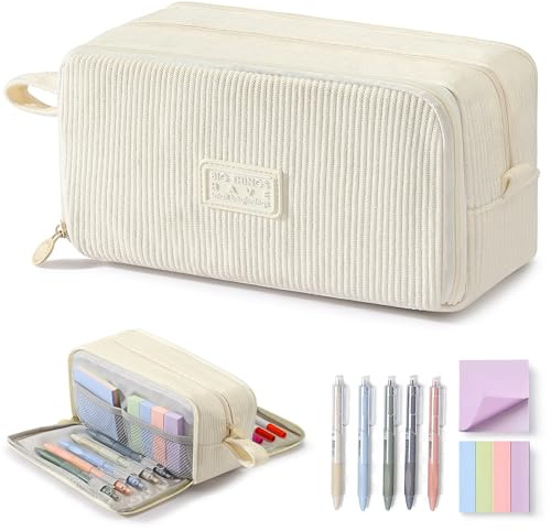 COZCLAM Federmäppchen aus Cord, 3 Fächer, große Kapazität, Beige | Mäppchen mit Stiften und Haftnotizen, Geräumiges Schulmäppchen mit Reißverschluss für Mädchen, Teenager, Schule, Büro &Alltag