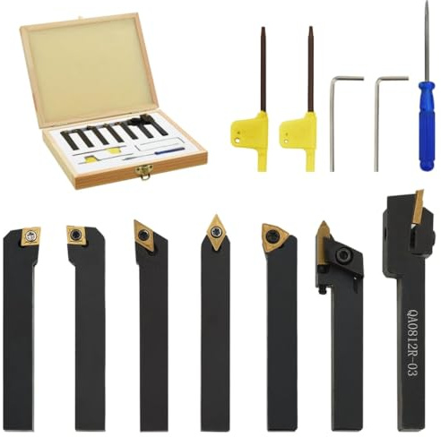 LoogCape 12-tlg. Drehmeißel-Set mit Wendeplatten 8x8 mm 70 mm für Metallbearbeitung, Werkstatt, Heimwerker, Holz- und Metallbearbeitung, inklusive austauschbarer Schlüssel, in praktischer Box
