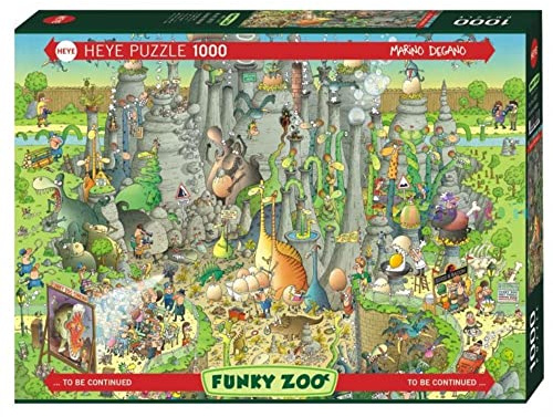 HEYE Puzzle 1000 Teile für Erwachsene „Jurassic Habitat“ | Humorvolles Dinosauriermotiv von Marino Degano mit detailreichem Funky Zoo & witzigen Wimmelbild-Szenen, 50 x 70 cm