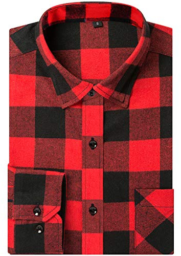 DOKKIA Men's Casual Dress Long Sleeve Buffalo Plaid Checkered Fitted Flannel Shirt (Red Black Buffalo, Large)