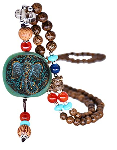 Tanyoyo Vintage Long Necklace Turquoise Wood Beads Elephant Pendant Necklaces for Women Fashion Jewelry (Elephant pendant)