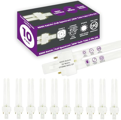 GoodBulb 26 Watt CFL Light Bulbs 2 Pin G24D-3 Base 6500K Full Spectrum 26W High Output 1800 Lumens Double Tube Compact Fluorescent Light Bulbs Plug-in 10 Pack