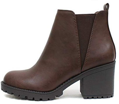 Soda ORIGAMI ~ WOMEN LUG SOLE MID HEEL FASHION ANKLE BOOTIE W/DOUBLE ELASTIC GORE (8.5, Brown, numeric_8_point_5)