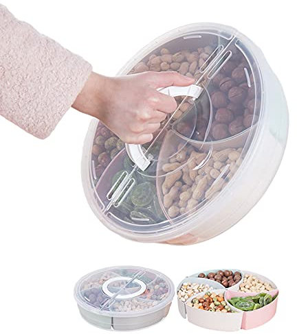 rismart Geteiltes Serviertablett mit Deckel und Griff Klar Aufbewahrungsbehälter Box mit 5 Kunststofffächern für Süßigkeiten, Obst, Nüsse, Snacks