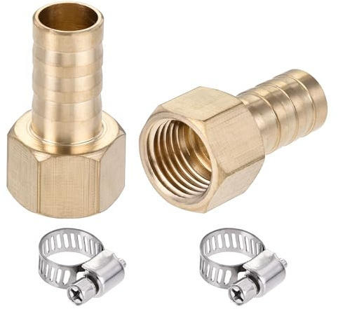 sourcing map Brass Barb Hose Fitting Connector Adapter 10mm Barbed x G1/4 Female Pipe with Hose Clamp 2Set
