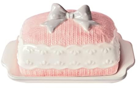 MEETOZ Beurrier en céramique avec nœud papillon et couvercle antidérapant et poignée, pour comptoir ou réfrigérateur, bac à beurre couvert pour le stockage du beurre, rose