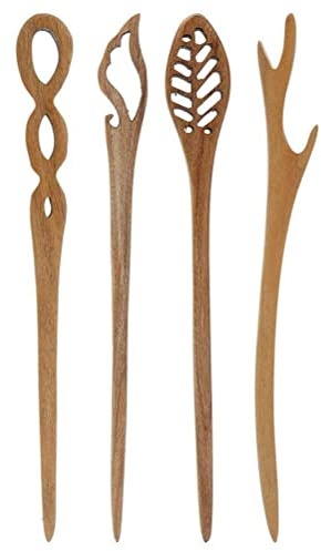 XIAOXIONG 4er-Pack Vintage Retro Handgemachte Antike Chinesische Japanische Braune Holzhaarstäbe Essstäbchen Haarnadeln Picks Holz Sandelholz Geschnitzte Glatte Lange Horn Gabel Stift Haarnadeln Cli