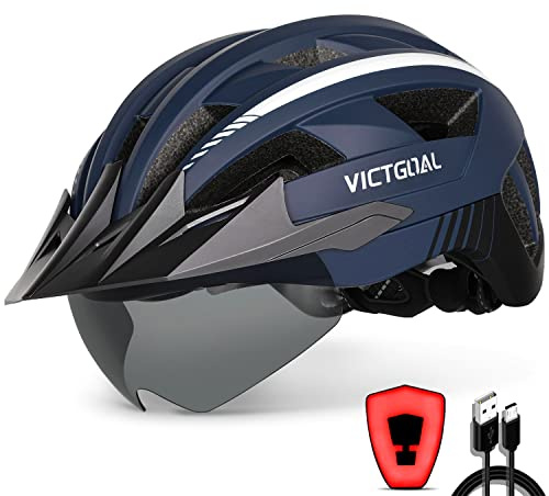 Bike Helmet for Men Women, M/L/XL Size Options, LED Light, Magnetic Goggles | Rechargeable Rear Light, Removable Sun Visor, 21 Air Vents, 54-63cm Head Range Adult Teen Fit, Bike Helmet for Road Cycling