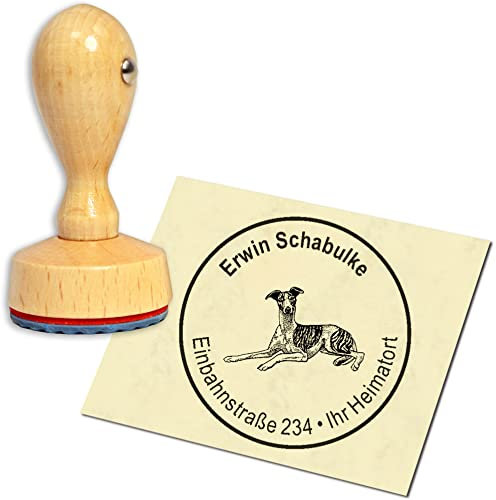 Stempel Adressstempel Holzstempel - Whippet - rund ∅ 40mm personalisiert als Firmenstempel Namensstempel Bürostempel