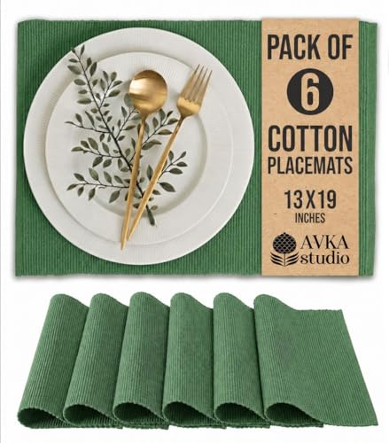 AVKA Studio Platzsets aus 100% Baumwolle, gerippt, 6er-Set, 33 x 48 cm, grün, für den täglichen Gebrauch, Weihnachten, Dicke Konstruktion, waschbare und Wiederverwendbare Stoff-Tischsets