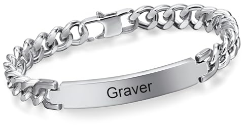 Bracelet Homme Personnalisé Chaîne Gourmette - Classique Bracelet Acier Inoxydable Bijoux Homme Cadeau Fête des Pères Saint Valentin Anniersaire Noël Gourmette Homme Personnalisable Argent 21cm