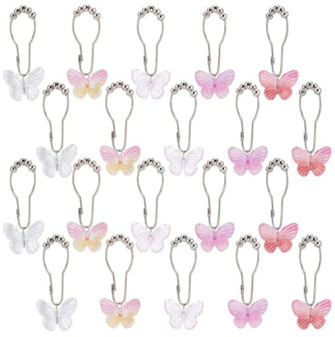 Gomakerer 20 Pcs 5 Colors Butterfly Shower Curtain Hooks, Iron Decorative Shower Curtain Rings Nature Theme Bathroom Decor Metal Curtain Rings for Bathroom Shower Curtains Rod