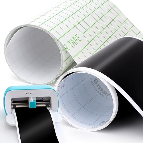 Occzin Smart Vinyl für Cricut Joy - 14x500CM Schwarz Smart Vinyl Permanent mit Transferfolie Rollen Vinylfolie Plotter Set Lange Größe für DIY Muster, Dekorative Aufkleber, Basteldekoration