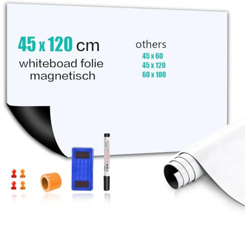 Pellicola adesiva per lavagna bianca, 45 x 120 cm, magnetica, autoadesiva, lavagna bianca, per fai da te, con pennarello e spugna, pellicola da parete per superfici lisce in scuola, ufficio, casa