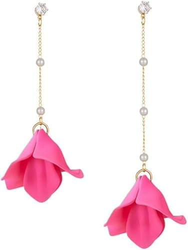 TOFBS Rose Flower Tassel Drop Earrings for Women S925 Sterling Silver Hypoallergenic Long Dangle with Pearls Cubic Zirconia Boho Statement Jewelry