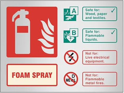 Foam Spray Fire Extinguisher Sign (Landscape) - 100mm x 150mm - FireShield (Prestige Silver)