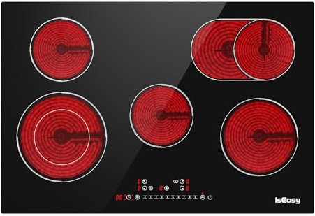 Piano cottura in vetroceramica a 5 piastre, IsEasy, 77 cm, 8600 W, 5 zone, 2400 W/2000 W/1800 W/1200 W/1200 W, funzione di pausa, piano cottura in vetroceramica da incasso, 9 livelli di calore