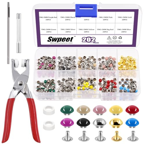 Swpeet 405Pcs 10 Farben 5mm doppelte runde Kappe Leder Nieten mit Befestigungswerkzeugen, doppelte Kappe Nieten Metall Nieten, Leder Nieten Handwerk Gürtel für DIY Handwerk Leder Handwerk