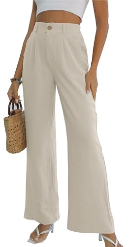 Fakanhui Pantalones de algodón y lino para mujer, de pierna ancha, cintura alta elástica, pantalones casuales de negocios y trabajo, Lino natural, Small