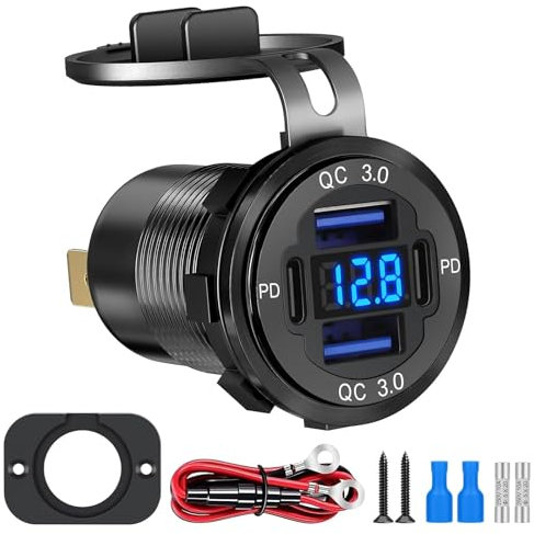 Linkstyle USB Car Charger Socket, Dual 30W PD & Dual 18W QC3.0 USB A Ports Charger Power Outlet Panel with LED Voltmeter for 12V/24V RV Boat
